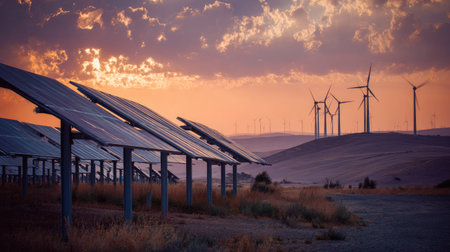This image showcases solar panels and wind turbines on a hillside against a backdrop of a colorful sunset. The composition highlights renewable energy sources. The warm color palette and soft lighting create a serene atmosphere suitable for diverse applications in the environmental, technology, or energy sectors.の素材