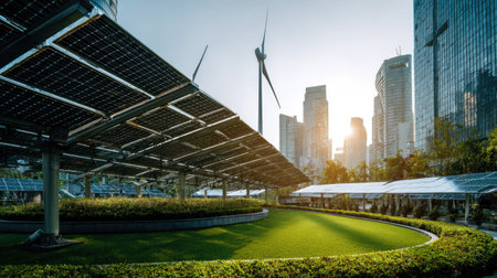 A close-up view depicts solar panels angled towards the sun, with a wind turbine and skyscrapers in the background. The scene showcases green grass and modern architecture, likely situated in an urban setting. The image uses natural sunlight, suitable for diverse uses promoting sustainability and environmental themes.の素材