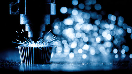 A close-up view presents a metalworking process with focus on sparking activity. The image showcases industrial production, highlighting the interaction between a machine and a metal object. The composition features a blue color scheme, capturing the precision and dynamics associated with the process. Suitable for illustrating industry, manufacturing, or engineering concepts.の素材