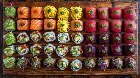 An overhead view displays a variety of sushi rolls arranged on a wooden board. The composition features diverse colors, textures, and ingredients. The presentation suggests a culinary setting with options suitable for various commercial uses. The lighting highlights the fresh ingredients, emphasizing their appetizing visual appeal.の素材