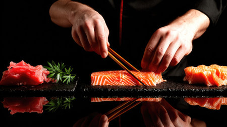 A chef is meticulously arranging sushi with chopsticks on a reflective surface. The image highlights vibrant orange salmon alongside pickled ginger and green herbs, set on dark slate plates. The composition features a shallow depth of field, with soft lighting enhancing textures. Ideal for culinary themes, this image suits various commercial applications.の素材