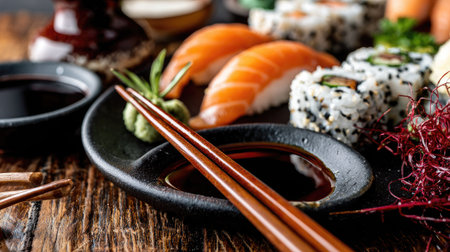An overhead view displays a variety of sushi rolls, including nigiri with salmon and maki rolls. Dark soy sauce rests in small bowls alongside wooden chopsticks. The composition features a shallow depth of field, with a focus on textures and vibrant colors suggesting a restaurant setting, suitable for culinary or food-related publications.の素材