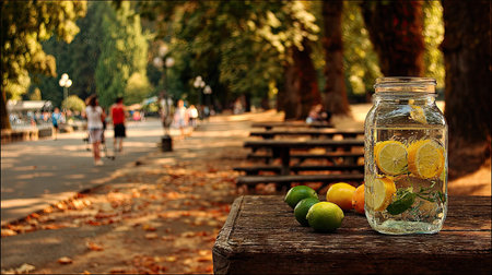 A glass jar filled with refreshing lemonade, lemons and limes sits on a rustic wooden table. The composition features a blurred background of a park setting with trees and people. Natural sunlight illuminates the scene, enhancing the vibrant colors. Suitable for commercial or editorial applications related to beverages and lifestyle.の素材