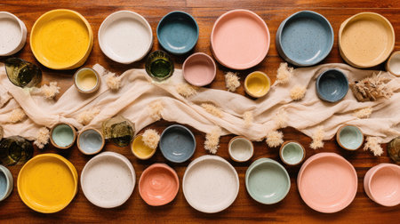 An overhead shot reveals an array of ceramic bowls and dishes in various sizes and hues. The composition features a mix of colors like yellow, pink, and blue, set on a wooden surface. A fabric runner adds texture. Suitable for culinary, lifestyle, or design projects, offering visual appeal.の素材