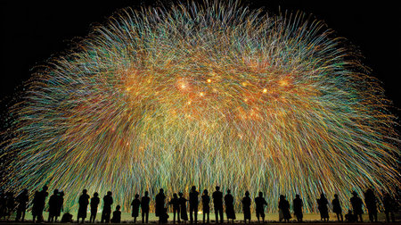 A vibrant fireworks display explodes in the night sky, showcasing dynamic trails of light. The composition features a rich array of colors and textures, with the silhouettes of people in the foreground observing the event. The image suggests a celebratory atmosphere and is suitable for various commercial or editorial applications.の素材