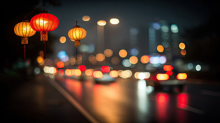 The image showcases colorful paper lanterns hanging over a street at night. The bokeh effect from city lights creates a soft, blurred background, highlighting the lanterns. The composition uses warm tones, suggesting a celebratory or cultural event. Suitable for various editorial and commercial applications related to culture, travel, or events.の素材