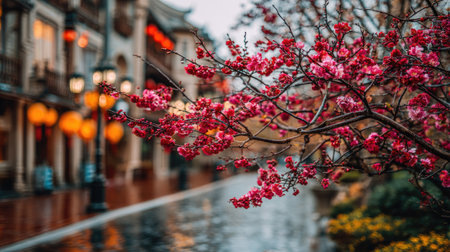 A close-up shot features vibrant pink cherry blossoms against a blurred street backdrop. The image displays a soft focus with a shallow depth of field, highlighting the delicate flowers. Traditional architectural elements and lanterns suggest an outdoor setting. Suitable for various editorial and commercial applications.の素材