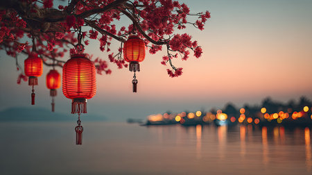 Red lanterns hang from a flowering tree branch, set against a soft sunset sky. The scene captures a tranquil atmosphere, with water reflecting lights in the distance. The composition is balanced, showcasing the lanterns' details and blossoms. Suitable for various design applications, this image evokes a sense of peace and celebration.の素材