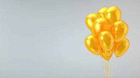 A collection of golden balloons floats against a soft, light-colored backdrop. The balloons display a glossy texture, reflecting ambient light. The composition features a cluster of balloons, with a significant amount of copy space. This image is suitable for advertising, marketing, or design applications.の素材
