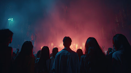 A crowd of people is silhouetted against a vibrant backdrop of red and blue light. The composition highlights the backs of individuals, suggesting observation or participation in an event. The scene has an atmospheric quality, the lighting possibly indicating a concert or display. This image is suitable for commercial uses related to entertainment or events.の素材