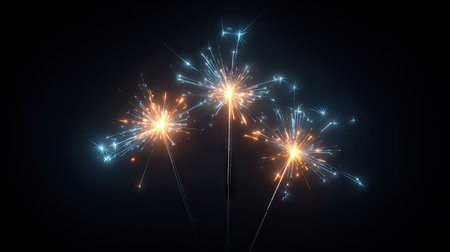 The image showcases several sparklers emitting bright light against a dark background. The scene features a vivid display of colors with golden and blue hues. The composition suggests a celebratory event or a moment of joy, suitable for various promotional and decorative applications.の素材