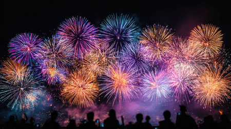 A vibrant display of fireworks illuminates the night sky, showcasing various colors and patterns. The composition features a foreground of silhouetted figures observing the spectacle. This image utilizes a wide-angle perspective and a dark background. It is suitable for celebratory content, events promotion, and visual storytelling.の素材