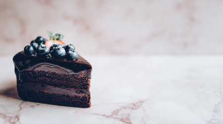 A slice of rich chocolate cake is presented against a marble background. The cake is topped with fresh blueberries and a slice of strawberry. The composition features soft lighting and a blurred background. Suitable for culinary, lifestyle, or commercial purposes.の素材