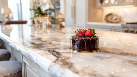 A close-up captures a chocolate cake, topped with fresh strawberries, placed on a marble countertop. The image highlights the rich colors and textures with soft focus in the background. It depicts a well-lit interior, suggesting a culinary setting, ideal for commercial or editorial applications related to food or lifestyle.の素材