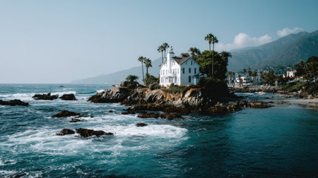 A white building sits atop a rocky island, surrounded by the ocean under a clear blue sky. The composition features various shades of blue in the water and sky, with green vegetation. This scenic image could be suitable for travel, tourism, or environmental themes.の素材