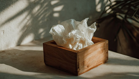 A wooden box holds a crumpled white tissue, captured in a warm, natural light. The scene features soft shadows cast against a neutral-toned wall. The composition suggests an indoor setting, likely day time, suitable for various uses, including editorial and commercial projects.の素材