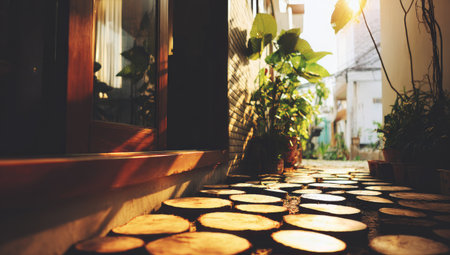 An interior space features a wooden floor design with natural sunlight illuminating lush green plants. The image showcases a warm color palette with contrasting dark and light areas. This photograph could be used for various commercial projects related to home decor, lifestyle, or design concepts.の素材