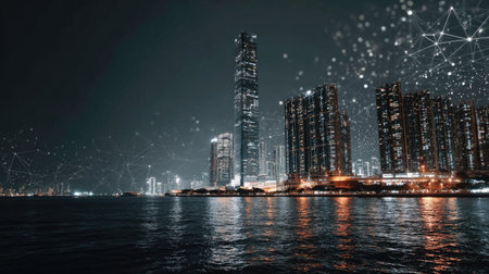 A nighttime cityscape presents illuminated skyscrapers reflected in calm water. A digital overlay of interconnected dots and lines suggests networks. The composition uses cool tones, with artificial lighting accentuating the structures. This image could be used in projects related to technology, infrastructure, or urban development.の素材