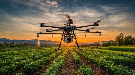 A drone hovers over a cultivated field at sunset. The image displays a technological device with rotors. Green rows of crops stretch towards the horizon under a gradient sky of warm colors. This image suggests modern farming and its potential applications, suitable for various commercial uses.の素材