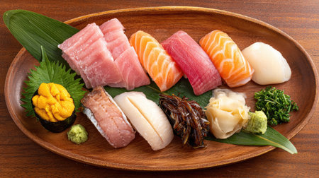 An assortment of sushi, including nigiri and sashimi, is presented on a wooden platter. The image showcases varied textures and colors with vibrant fish slices and traditional garnishes. The composition is likely designed for food photography, restaurant menus, or culinary publications. The lighting appears soft, indicating indoor studio setting.の素材