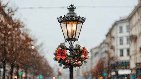 An elegant street lamp is adorned with a Christmas wreath, featuring red bows and ornaments. The scene is set on a snowy street, with blurred buildings in the background. The composition uses a shallow depth of field, with soft lighting enhancing the festive atmosphere. Suitable for use in seasonal marketing and editorial projects.の素材