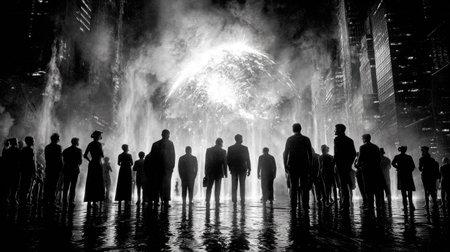 A crowd of figures stands silhouetted against a radiant light sphere. The grayscale imagery features high contrast, enhancing the dramatic ambiance. The composition suggests an outdoor environment, possibly a nighttime setting. The image is suitable for various commercial uses, including artistic representation and conceptual illustration.の素材