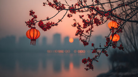 This image features a twilight scene with hanging lanterns amidst blooming branches. The composition highlights the lanterns and branches against a soft sunset backdrop. The style is soft focus, with a hazy atmosphere and muted colors. Suitable for various editorial and commercial applications.の素材