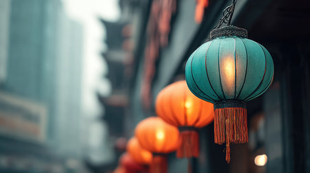 Lanterns of varying colors hang in a row along a street, casting a soft glow. The lanterns' textures and the diffused light create a warm ambiance. The scene may be captured during the daytime or at dusk, suitable for both commercial and editorial applications to represent traditional festivals or cultural heritage.の素材