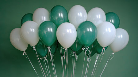 A collection of balloons in white and green is displayed against a solid green backdrop. The composition features a cluster of inflated spheres held together by strings. The lighting is soft and even, highlighting the rounded forms. This image may be suitable for promotional materials or editorial content.の素材