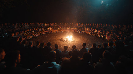 A large group of people are seated in a circle around a central fire pit at night. The scene is illuminated by the warm glow of the fire, casting long shadows. Dark tones and silhouettes create a dramatic effect. This image could be used for illustrations about community or education.の素材