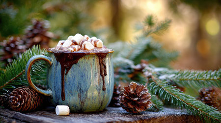 A close-up captures a mug filled with hot chocolate and marshmallows, set amidst natural elements. The image displays a teal-colored mug with a brown dripped rim. Cones and evergreen branches contribute to the setting. The scene could be suitable for lifestyle advertising, editorial illustrations, or culinary publications.の素材