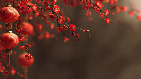 The image showcases red lanterns hanging from branches adorned with delicate red blossoms. The composition features a shallow depth of field, with soft focus on the background. The scene suggests an outdoor setting, possibly during the daytime, and may be used for various commercial or decorative purposes.の素材