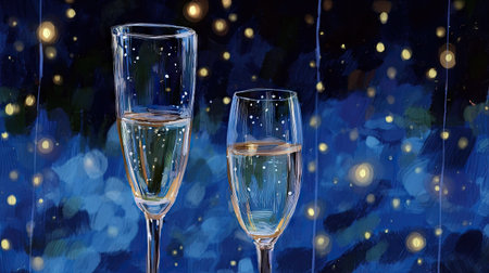 Two champagne glasses are presented, filled with sparkling liquid, set against a dark blue background scattered with glowing orbs. The painting-like style creates a festive atmosphere, hinting at a celebration. This image can be used for various commercial purposes, including celebratory event promotion and visual content.の素材