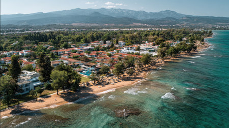 An aerial perspective showcases a coastal town nestled beside turquoise waters. Buildings with red rooftops and lush green trees line the sandy shore. The composition features a natural outdoor environment, with clear skies and a distant mountain range. Suitable for travel, tourism, and environmental themes.の素材
