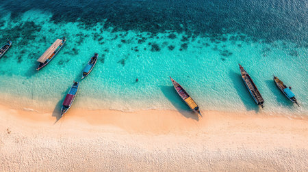 An aerial perspective showcases several wooden boats resting near a sandy shoreline, with vibrant turquoise water. The composition highlights a clear transition from beach to water, and then to a deeper blue. This scene suggests possibilities for travel, tourism, and environmental themes. The bright lighting and clear visibility imply outdoor use.の素材