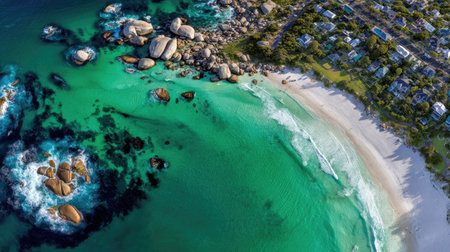 An aerial perspective showcases a vibrant beach scene with crystal-clear turquoise waters and a sandy shoreline. The image displays a combination of textures, including the water's surface, the sand, and the surrounding rocks and vegetation. Suitable for travel brochures, environmental publications, or website visuals.の素材