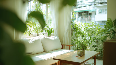 An interior shot displays a sofa and small wooden table beside a window. The room is filled with indoor plants, bathed in soft daylight. The image utilizes natural light and a shallow depth of field, with white curtains partially obscuring the view. This scene may be suitable for illustrating themes of home decor or relaxation.の素材