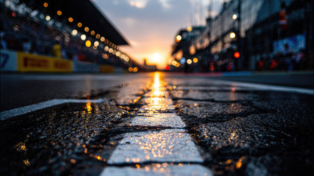 A close-up view presents a racing track at sunset. The wet asphalt reflects golden light. White lines define the lanes. Buildings and a grandstand are visible in the background, suggesting a sporting event. This image could be used for editorial content or promotional materials.の素材