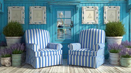 Two striped armchairs face each other in a room with blue walls, a window, and decorative framed art. Potted plants flank the seating arrangement. The scene features bright daylight with a blend of textures, creating a welcoming and relaxed ambiance. This image can be used for interior design or lifestyle related projects.の素材