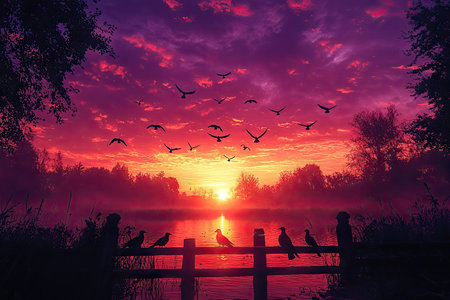 A panoramic photograph of birds flying away into the sunset, silhouettes of trees in the foreground, a purple sky with clouds, in a photorealistic, high-resolution, cinematic photography style, captured with a Canon EOS Mark IV camera, using an f/2.8 lens, at ISO 400. --chaos 30 --ar 3:2 --quality 2 --stylize 500 --v 6.1 Job ID: bbd13a9e-fb89-4448-b68f-06e68e059648の素材