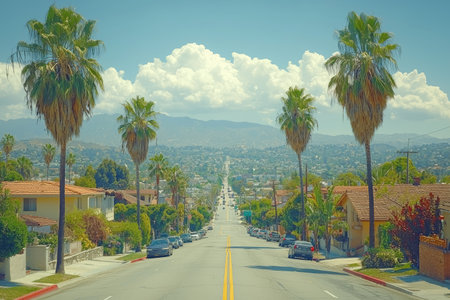 An aerial view of a street in mid-city Los Angeles, with palm trees lining both sides of the road, a blue sky with white clouds, taken during the day, in a photorealistic style. --chaos 30 --ar 3:2 --quality 2 --stylize 500 --v 6.1 Job ID: 65f987ca-4671-4068-9ea2-141329641f15の素材