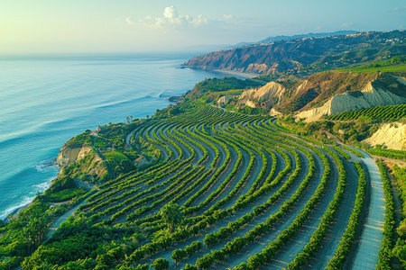 Aerial view of a coffee plantation, farm fields, and clear blue sky in AlmerÃ­a, Spain. The layout depicts a coffee tree field with rows across the land, seen from above. The photo captures an expansive scene with green vegetation, showcasing the vastness of the Coffee Blairagefield estate's coastline. --chaos 30 --ar 3:2 --quality 2 --stylize 500 --v 6.1 Job ID: 005cbe10-aad3-4db1-8bff-a021488a3457の素材