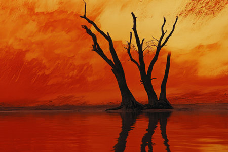 In the desert of Sossusvlei, red sand dunes surround dead trees standing in shallow water at the Deadvlei. The scene is bathed in soft light with the orange color creating an atmosphere of mystery and surrealism. Photograph in the style of David Burren. --ar 3:2 --v 6.1 Job ID: afdfc79e-4c48-4683-8471-81205a804645の素材