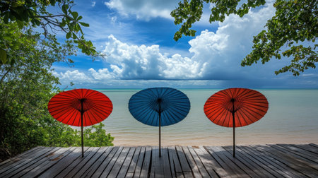 colorful sun umbrellas on a wooden deck by the sea, peaceful setting, vibrant hues, no humans --chaos 30 --ar 16:9 --v 6.1 Job ID: 620cb261-9519-4077-9eff-e7f379496bb4の素材