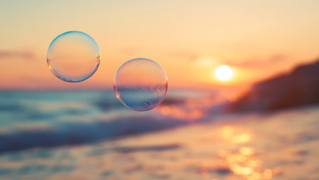 Photo of three soap bubbles floating above the water in front of an ocean with a sunset and beach, soft colors. --ar 53:30 --v 6.1 Job ID: 2ff775b7-dfaf-4cd6-9144-a73844954c31の素材