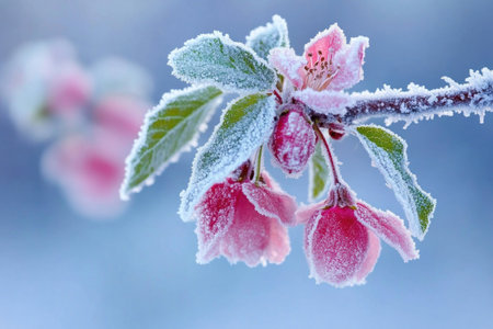 A close-up of blossoming plum flowers on the branches, covered in frost against a soft blue background. The delicate petals and fresh green leaves contrast with the cold weather, creating an elegant winter scene. --ar 3:2 --v 6.1 Job ID: 49c18621-5f19-431d-a5a1-e19933e59323の素材