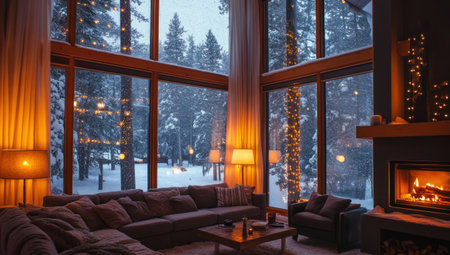 A cozy living room with large windows, showcasing the snow falling outside and lights twinkling through them. The interior is bathed in warm light from lamps on the walls and ceiling, creating an inviting atmosphere. A fireplace adds to the warmth, while the furniture includes sofas of various sizes, all surrounded by the beauty of nature visible through the glass. --ar 53:30 --v 6.1 Job ID: 277db763-b469-4ed0-9468-ce776eda41e6の素材