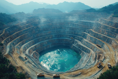 Overhead view of an open-pit mine with trucks working, on the right side of the frame. The photo was taken from above. --chaos 30 --ar 3:2 --quality 2 --stylize 500 --v 6.1 Job ID: 48ffc51a-0fd8-4c28-814f-c32bd037f1b1の素材