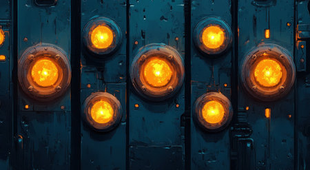 A series of yellow and orange glowing orbs on a dark blue metal background, in a game art style, with a top-down view, and a cartoonish aesthetic. --ar 95:52 --v 6.1 Job ID: e27fb644-5b28-4367-9f40-6b518ac9ce39の素材