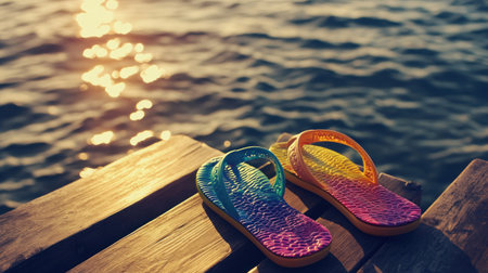 Colorful sandals resting on a wooden deck, overlooking the calm ocean, golden hour lighting, vivid details --chaos 30 --ar 16:9 --v 6.1 Job ID: 33fac0a9-6dd7-4543-b871-a565e49f9c70の素材
